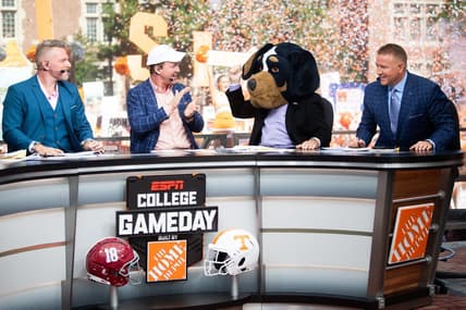 Lee Corso chooses Tennessee to defeat Alabama during ESPN's College GameDay show held outside of Ayres Hall on the University of Tennessee campus in Knoxville, Tenn. on Saturday, Oct. 15, 2022. The college football pregame show returned to Knoxville for the second time this season for No. 8 Tennessee's SEC rivalry game against No. 1 Alabama.

Kns Espn Gameday Bp