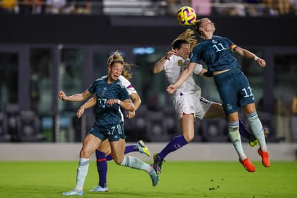 Germany forward Alexandra Popp (11) clears a cross intended for United States midfielder Andi Sullivan (17) during the first half at DRV PNK Stadium. Mandatory Credit: Sam Navarro-USA TODAY Sports