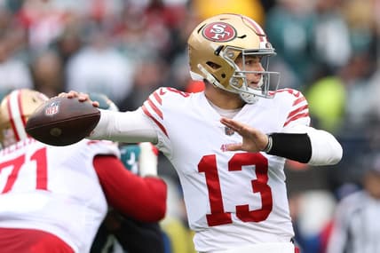 Jan 29, 2023; Philadelphia, Pennsylvania, USA; San Francisco 49ers quarterback Brock Purdy (13) throws a pass against the Philadelphia Eagles during the first quarter in the NFC Championship game at Lincoln Financial Field. Mandatory Credit: Bill Streicher-USA TODAY Sports