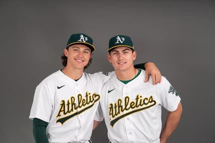 Feb 23, 2023; Mesa, AZ, USA; Oakland Athletics infielder Zack Gelof (46) (left) and catcher Tyler Soderstrom (57) (right) pose for a portrait during spring training photo day at HoHoKam Stadium. Mandatory Credit: Allan Henry-USA TODAY Sports