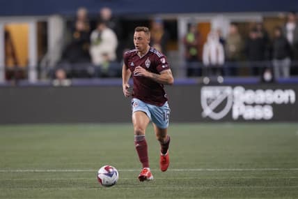 Feb 26, 2023; Seattle, Washington, USA; Colorado Rapids defender Alex Gersbach (16) dribbles down the pitch in the first half against the Seattle Sounders FC at Lumen Field. Mandatory Credit: Kirby Lee-USA TODAY Sports