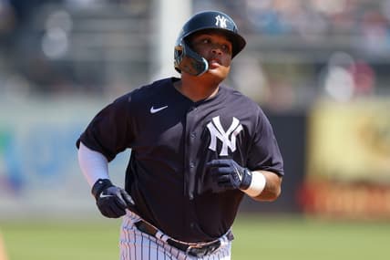 Mar 4, 2023; Tampa, Florida, USA;  New York Yankees outfielder Willie Calhoun (24)  runs the bases after hitting  a home run against the Tampa Bay Rays in the third inning during spring training at George M. Steinbrenner Field. Mandatory Credit: Nathan Ray Seebeck-USA TODAY Sports