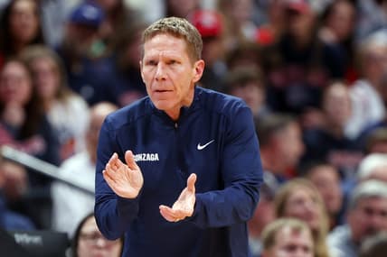 Mar 19, 2023; Denver, CO, USA; Gonzaga Bulldogs head coach Mark Few reacts in the first half against the TCU Horned Frogs at Ball Arena. Mandatory Credit: Michael Ciaglo-USA TODAY Sports