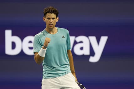 Mar 23, 2023; Miami, Florida, US; Dominic Thiem (AUT) reacts after winning a point against Lorenzo Sonego (ITA) (not pictured) on day four of the Miami Open at Hard Rock Stadium. Mandatory Credit: Geoff Burke-USA TODAY Sports
