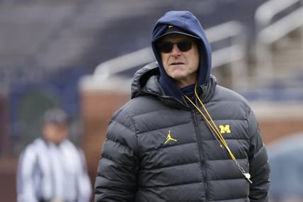 Apr 1, 2023; Ann Arbor, MI, USA;   Michigan Wolverines head coach Jim Harbaugh on the field during the Spring Game at Michigan Stadium. Mandatory Credit: Rick Osentoski-USA TODAY Sports