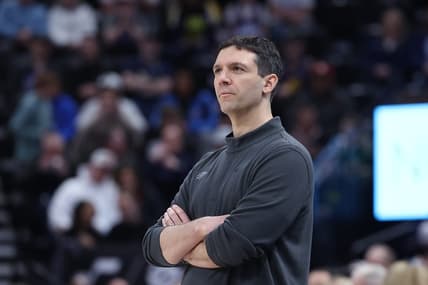 Apr 6, 2023; Salt Lake City, Utah, USA; Oklahoma City Thunder head coach Mark Daigneault looks on against the Utah Jazz in the second quarter at Vivint Arena. Mandatory Credit: Rob Gray-USA TODAY Sports
