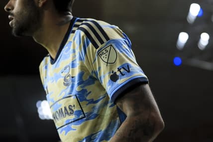 Apr 8, 2023; Cincinnati, Ohio, USA;  The MLS logo and Apple TV logo are seen on the jersey of Philadelphia Union defender Matt Real (2) during the game against FC Cincinnati in the second half at TQL Stadium. Mandatory Credit: Aaron Doster-USA TODAY Sports