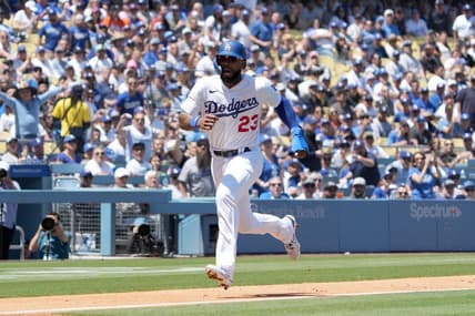 Apr 19, 2023; Los Angeles, California, USA; Los Angeles Dodgers right fielder Jason Heyward (23) scores in the fourth inning against the New York Mets at Dodger Stadium. Mandatory Credit: Kirby Lee-USA TODAY Sports