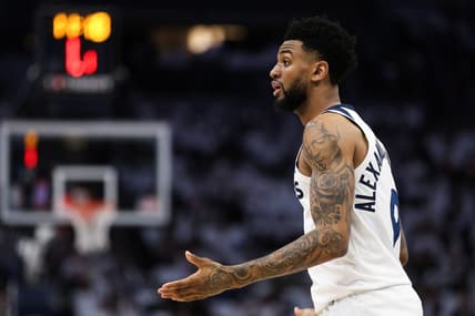 Apr 23, 2023; Minneapolis, Minnesota, USA; Minnesota Timberwolves guard Nickeil Alexander-Walker (9) reacts after a foul call against the Denver Nuggets during the second quarter of game four of the 2023 NBA Playoffs at Target Center. Mandatory Credit: Matt Krohn-USA TODAY Sports