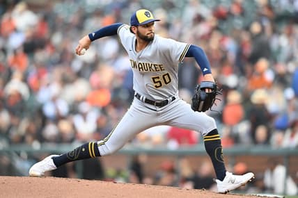 ccMay 6, 2023; San Francisco, California, USA; Milwaukee Brewers pitcher Tyson Miller (50) throws a pitch against the San Francisco Giants during the seventh inning at Oracle Park. Mandatory Credit: Robert Edwards-USA TODAY Sports