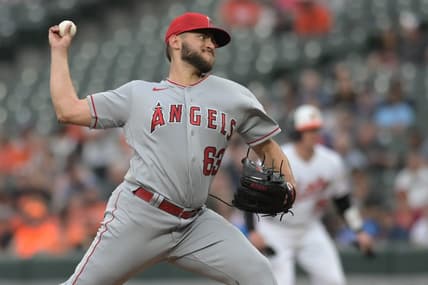 May 16, 2023; Baltimore, Maryland, USA;  Los Angeles Angels starting pitcher Chase Silseth (63) throws a first inning pitch against the Baltimore Orioles at Oriole Park at Camden Yards. Mandatory Credit: Tommy Gilligan-USA TODAY Sports