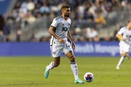 May 17, 2023; Philadelphia, Pennsylvania, USA; D.C. United midfielder Victor Palsson (44) controls the ball against the Philadelphia Union during the first half at Subaru Park. Mandatory Credit: Bill Streicher-USA TODAY Sports