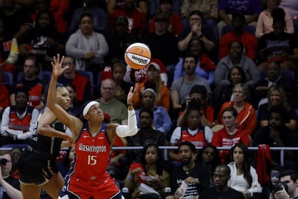 May 19, 2023; Washington, District of Columbia, USA; Washington Mystics guard Brittney Sykes (15) and New York Liberty forward Betnijah Laney (44) battles for the ball at Entertainment & Sports Arena. Mandatory Credit: Geoff Burke-USA TODAY Sports