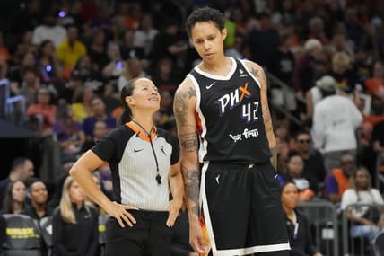 May 21, 2023; Phoenix, Arizona, USA; Phoenix Mercury center Brittney Griner (42) talks to WNBA official Sha'Rae Mitchell in the second half against the Chicago Sky at Footprint Center. Mandatory Credit: Rick Scuteri-USA TODAY Sports