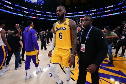 May 22, 2023; Los Angeles, California, USA; Los Angeles Lakers forward LeBron James (6) reacts to losing to the Denver Nuggets in game four of the Western Conference Finals for the 2023 NBA playoffs at Crypto.com Arena. Mandatory Credit: Kirby Lee-USA TODAY Sports