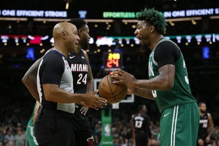 May 25, 2023; Boston, Massachusetts, USA; Boston Celtics guard Marcus Smart (36) reacts to an official during the second quarter against the Miami Heat in game five of the Eastern Conference Finals for the 2023 NBA playoffs at TD Garden. Mandatory Credit: Winslow Townson-USA TODAY Sports