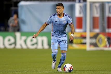 May 27, 2023; Flushing, New York, USA; New York City FC defender Tony Alfaro (93) controls the ball against the Philadelphia Union during the second half at Citi Field. Mandatory Credit: Brad Penner-USA TODAY Sports