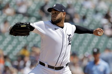 May 28, 2023; Detroit, Michigan, USA;  Detroit Tigers starting pitcher Eduardo Rodriguez (57) pitches in the first inning against the Chicago White Sox at Comerica Park. Mandatory Credit: Rick Osentoski-USA TODAY Sports