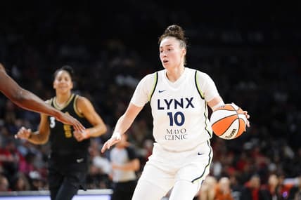 May 28, 2023; Las Vegas, Nevada, USA; Minnesota Lynx forward Jessica Shepard (10) dribbles the ball against the Las Vegas Aces during the second quarter at Michelob Ultra Arena. Mandatory Credit: Lucas Peltier-USA TODAY Sports
