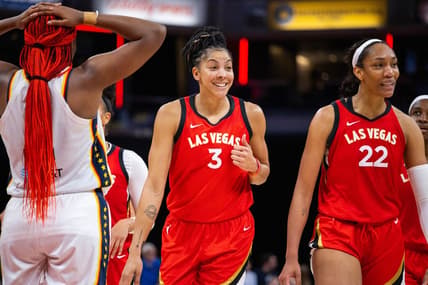 Jun 4, 2023; Indianapolis, Indiana, USA; Las Vegas Aces forward Candace Parker (3) celebrates the win against the Indiana Fever  at Gainbridge Fieldhouse. Mandatory Credit: Trevor Ruszkowski-USA TODAY Sports