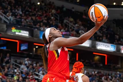 Jun 4, 2023; Indianapolis, Indiana, USA; Las Vegas Aces guard Jackie Young (0) shoots the ball in the second half against the Indiana Fever at Gainbridge Fieldhouse. Mandatory Credit: Trevor Ruszkowski-USA TODAY Sports