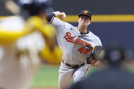 Jun 6, 2023; Milwaukee, Wisconsin, USA;  Baltimore Orioles pitcher Kyle Gibson (48) throws a pitch during the first inning against the Milwaukee Brewers at American Family Field. Mandatory Credit: Jeff Hanisch-USA TODAY Sports