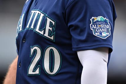 Jun 7, 2023; San Diego, California, USA; A detailed view of the 2023 Seattle All-Star Game patch on the uniform of Mariners designated hitter Mike Ford (20) during the eighth inning against the San Diego Padres at Petco Park. Mandatory Credit: Orlando Ramirez-USA TODAY Sports