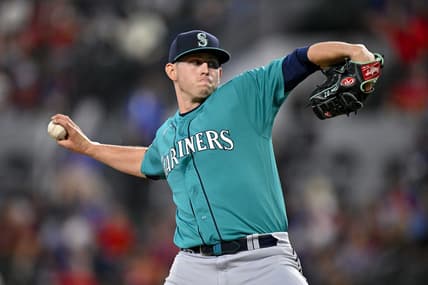 Jun 3, 2023; Arlington, Texas, USA; Seattle Mariners starting pitcher Chris Flexen (77) in action during the game between the Texas Rangers and the Seattle Mariners at Globe Life Field. Mandatory Credit: Jerome Miron-USA TODAY Sports