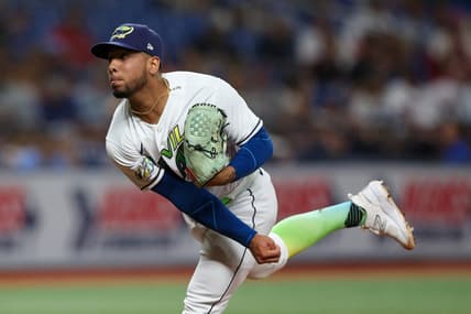 Jun 9, 2023; St. Petersburg, Florida, USA;  Tampa Bay Rays starting pitcher Luis Patino (1) against the Texas Rangers in the eighth inning at Tropicana Field. Mandatory Credit: Nathan Ray Seebeck-USA TODAY Sports