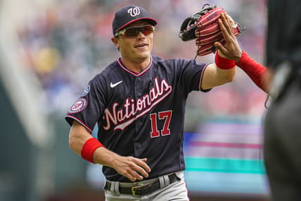 Jun 11, 2023; Cumberland, Georgia, USA; Washington Nationals center fielder Alex Call (17) reacts after making a leaping catch to take a hit away from Atlanta Braves center fielder Michael Harris II (23) (not shown) during the sixth inning at Truist Park. Mandatory Credit: Dale Zanine-USA TODAY Sports