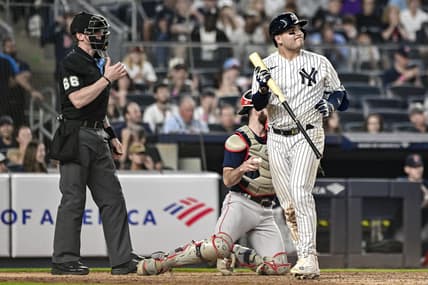 Jun 11, 2023; Bronx, New York, USA; New York Yankees catcher Jose Trevino (39) reacts after striking out against the Boston Red Sox during the tenth inning at Yankee Stadium. Mandatory Credit: John Jones-USA TODAY Sports