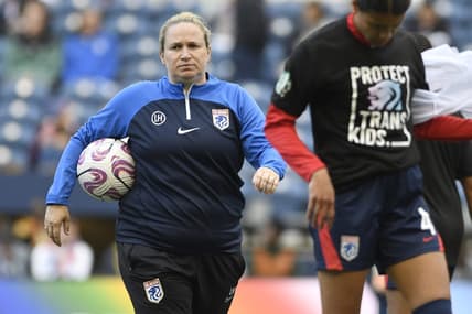 Jun 10, 2023; Seattle, Washington, USA; OL Reign head coach Laura Harvey looks on before the game against the Kansas City Current at Lumen Field. Mandatory Credit: Michael Thomas Shroyer-USA TODAY Sports