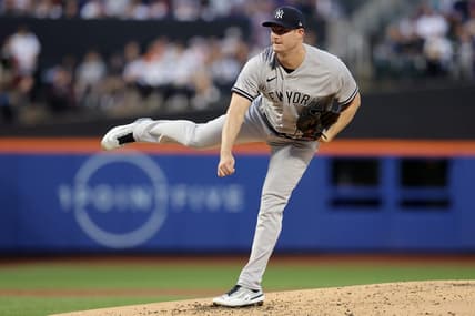 Jun 14, 2023; New York City, New York, USA; New York Yankees starting pitcher Gerrit Cole (45) follows through on a pitch against the New York Mets during the second inning at Citi Field. Mandatory Credit: Brad Penner-USA TODAY Sports