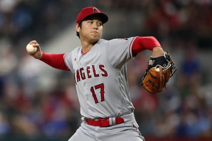 Jun 15, 2023; Arlington, Texas, USA; Los Angeles Angels starting pitcher Shohei Ohtani (17) throws a pitch in the third inning against the Texas Rangers at Globe Life Field. Mandatory Credit: Tim Heitman-USA TODAY Sports