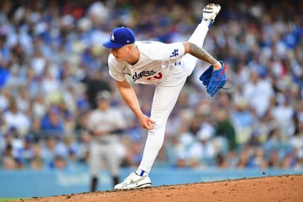 Jun 17, 2023; Los Angeles, California, USA; Los Angeles Dodgers starting pitcher Bobby Miller (70) throws against the San Francisco Giants during the fifth inning at Dodger Stadium. Mandatory Credit: Gary A. Vasquez-USA TODAY Sports