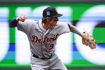 Jun 18, 2023; Minneapolis, Minnesota, USA; Detroit Tigers third baseman Nick Maton (9) makes a putout during the fourth inning against the Minnesota Twins at Target Field. Mandatory Credit: Jeffrey Becker-USA TODAY Sports