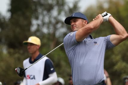 Jun 18, 2023; Los Angeles, California, USA; Bryson DeChambeau hits a tee shot on the 2nd hole during the final round of the U.S. Open golf tournament at Los Angeles Country Club. Mandatory Credit: Kiyoshi Mio-USA TODAY Sports