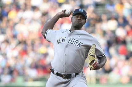 Jun 18, 2023; Boston, Massachusetts, USA; New York Yankees starting pitcher Luis Severino (40) pitches during the first inning against the Boston Red Sox at Fenway Park. Mandatory Credit: Bob DeChiara-USA TODAY Sports