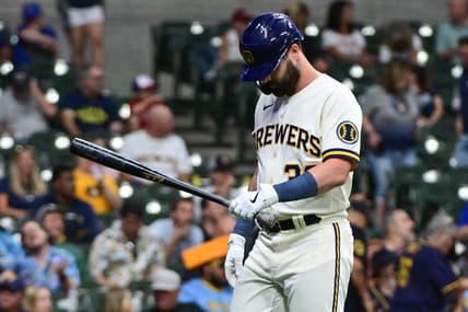 Jun 19, 2023; Milwaukee, Wisconsin, USA; Milwaukee Brewers designated hitter Jesse Winker (33) walks back to the dugout after striking out in the sixth inning against the Arizona Diamondbacks at American Family Field. Mandatory Credit: Benny Sieu-USA TODAY Sports