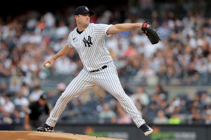 Jun 20, 2023; Bronx, New York, USA; New York Yankees starting pitcher Gerrit Cole (45) pitches against the Seattle Mariners during the first inning at Yankee Stadium. Mandatory Credit: Brad Penner-USA TODAY Sports