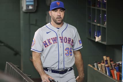 Jun 20, 2023; Houston, Texas, USA; New York Mets starting pitcher Justin Verlander (35) walks in the dugout before the game against the Houston Astros at Minute Maid Park. Mandatory Credit: Troy Taormina-USA TODAY Sports