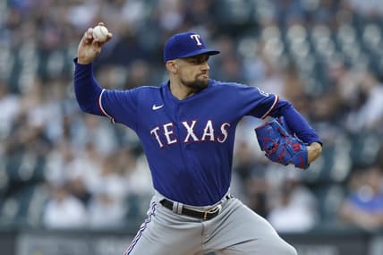 Jun 20, 2023; Chicago, Illinois, USA; Texas Rangers starting pitcher Nathan Eovaldi (17) pitches against the Chicago White Sox during the first inning at Guaranteed Rate Field. Mandatory Credit: Kamil Krzaczynski-USA TODAY Sports