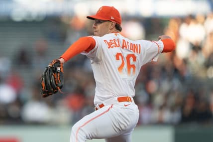 Jun 20, 2023; San Francisco, California, USA;  San Francisco Giants starting pitcher Anthony DeSclafani (26) pitches during the first inning against the San Diego Padres at Oracle Park. Mandatory Credit: Stan Szeto-USA TODAY Sports
