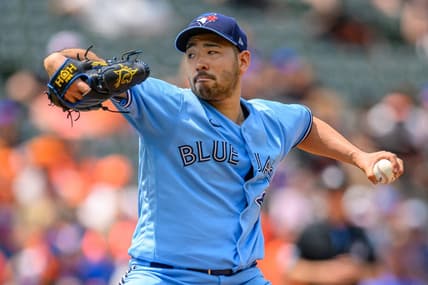 Jun 15, 2023; Baltimore, Maryland, USA; Toronto Blue Jays starting pitcher Yusei Kikuchi (16) throws a pitch during the fifth inning against the Baltimore Orioles at Oriole Park at Camden Yards. Mandatory Credit: Reggie Hildred-USA TODAY Sports