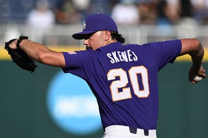 Jun 22, 2023; Omaha, NE, USA;  LSU Tigers starting pitcher Paul Skenes (20) throws against the Wake Forest Demon Deacons in the first inning at Charles Schwab Field Omaha. Mandatory Credit: Steven Branscombe-USA TODAY Sports