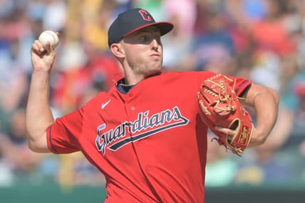Jun 24, 2023; Cleveland, Ohio, USA; Cleveland Guardians starting pitcher Tanner Bibee (61) throws a pitch during the first inning against the Milwaukee Brewers at Progressive Field. Mandatory Credit: Ken Blaze-USA TODAY Sports