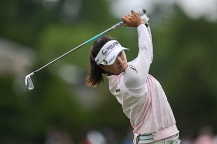 Jun 24, 2023; Springfield, New Jersey, USA; Jin Young Ko tees off on the 4th hole during the third round of the KPMG Women's PGA Championship golf tournament. Mandatory Credit: John Jones-USA TODAY Sports