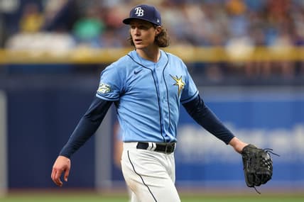 Jun 25, 2023; St. Petersburg, Florida, USA;  Tampa Bay Rays starting pitcher Tyler Glasnow (20) reacts after a striking out against the Kansas City Royals in the fourth inning at Tropicana Field. Mandatory Credit: Nathan Ray Seebeck-USA TODAY Sports