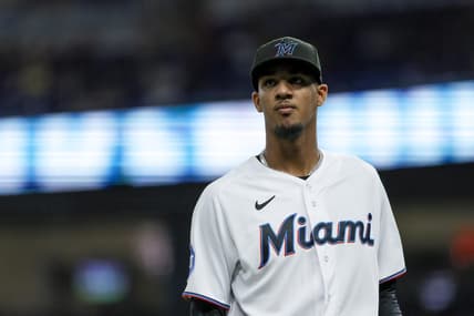 Jun 25, 2023; Miami, Florida, USA; Miami Marlins starting pitcher Eury Perez (39) looks on against the Pittsburgh Pirates during the first inning at loanDepot Park. Mandatory Credit: Sam Navarro-USA TODAY Sports