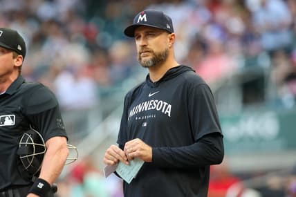 Jun 26, 2023; Atlanta, Georgia, USA; Minnesota Twins manager Rocco Baldelli (5) on the field before a game against the Atlanta Braves at Truist Park. Mandatory Credit: Brett Davis-USA TODAY Sports